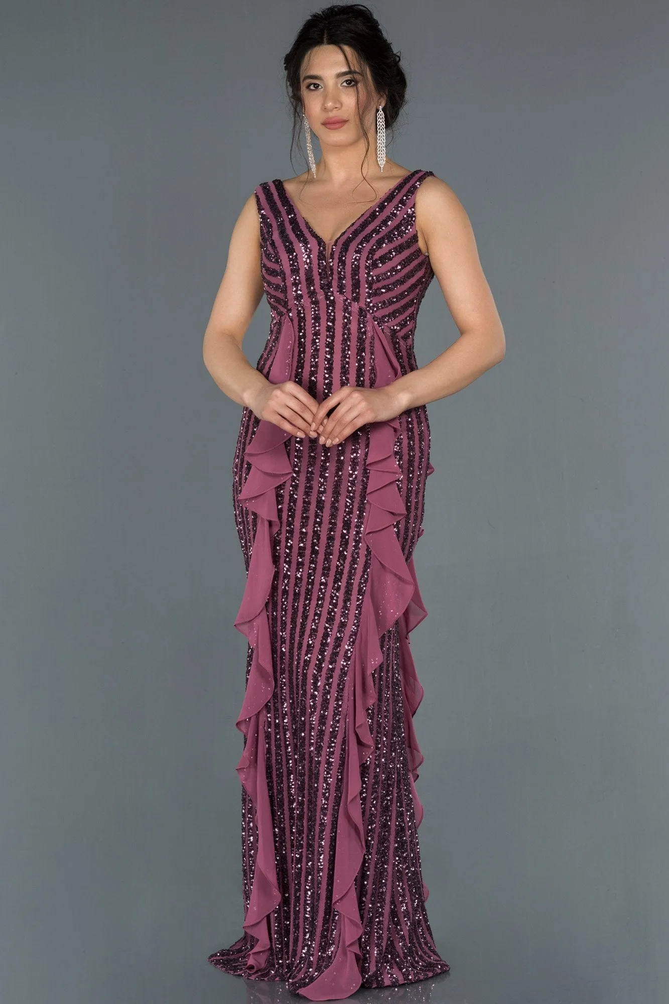 17001 Dusty Pink Sequined Chiffon Detail Dress