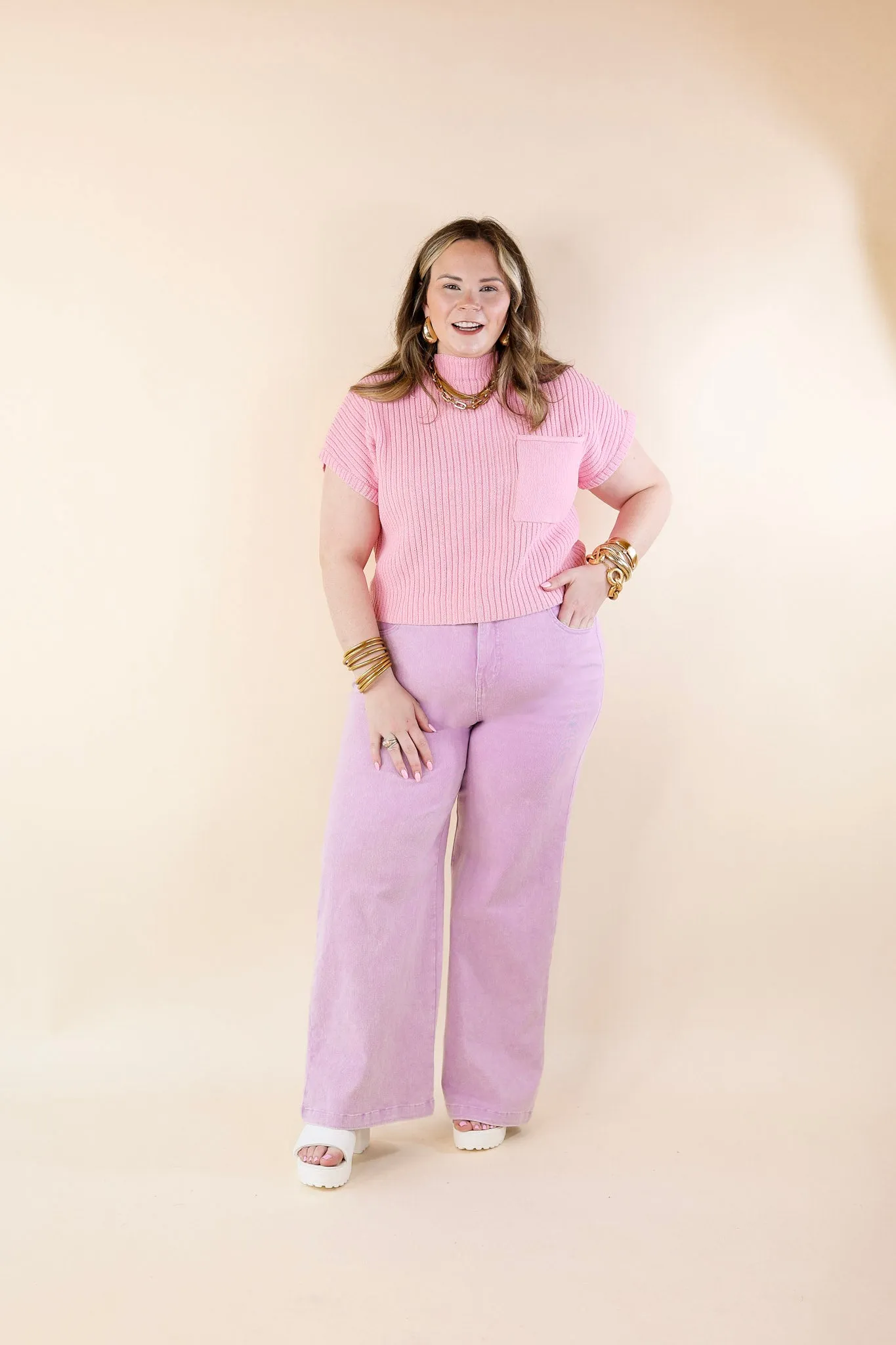 City Sights Cap Sleeve Summer Sweater Top with Pocket in Pink