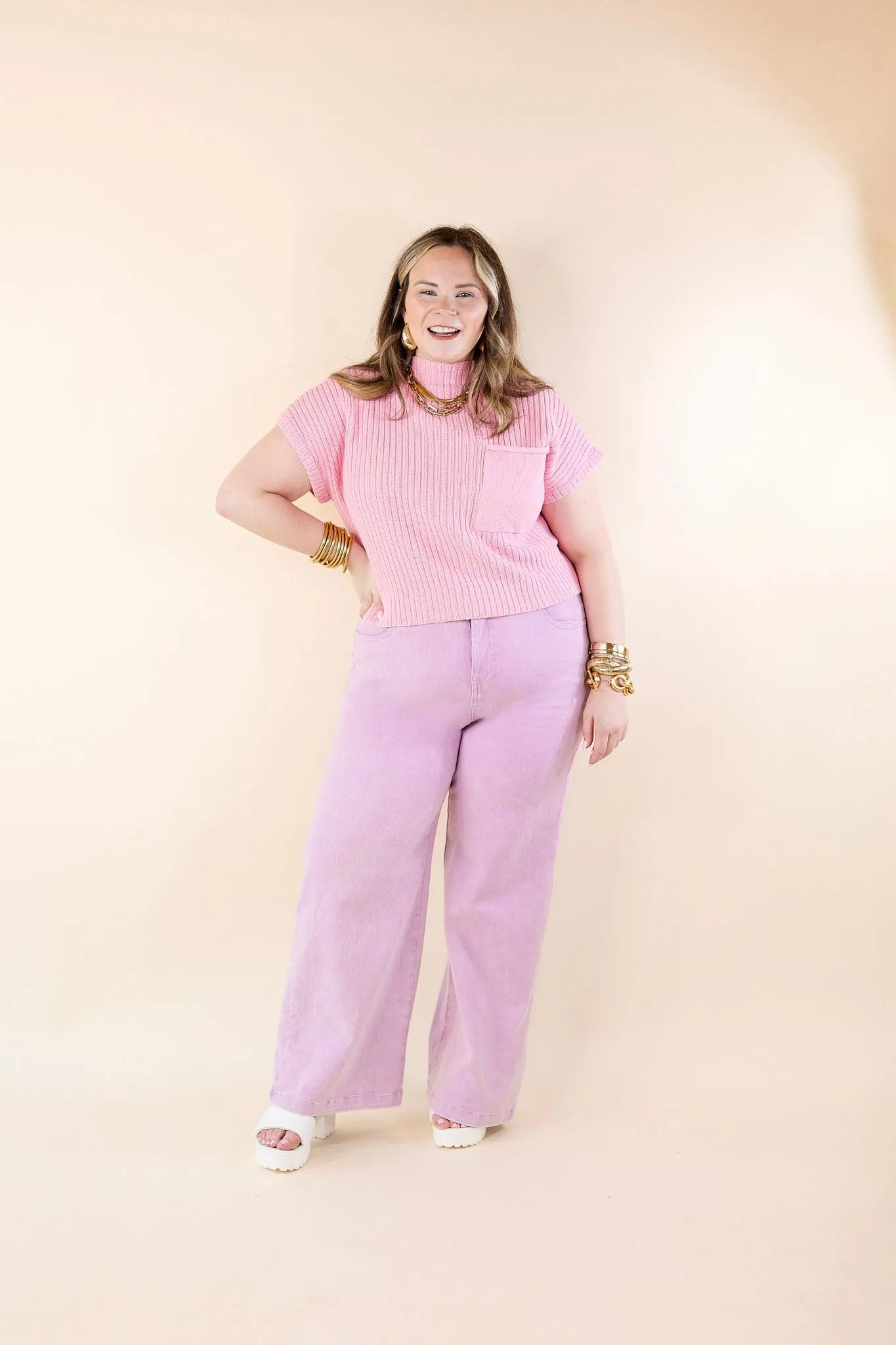 City Sights Cap Sleeve Summer Sweater Top with Pocket in Pink