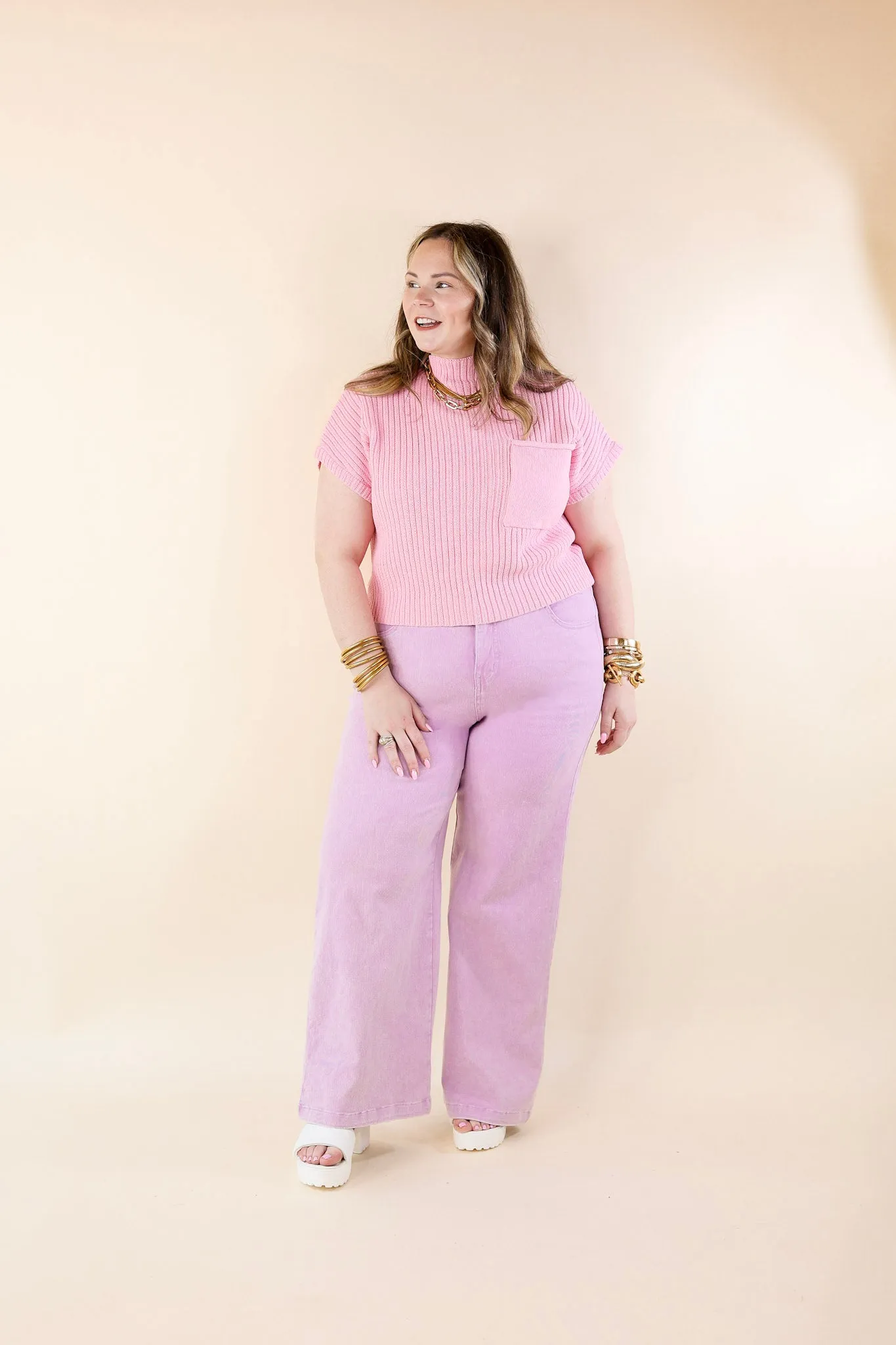 City Sights Cap Sleeve Summer Sweater Top with Pocket in Pink