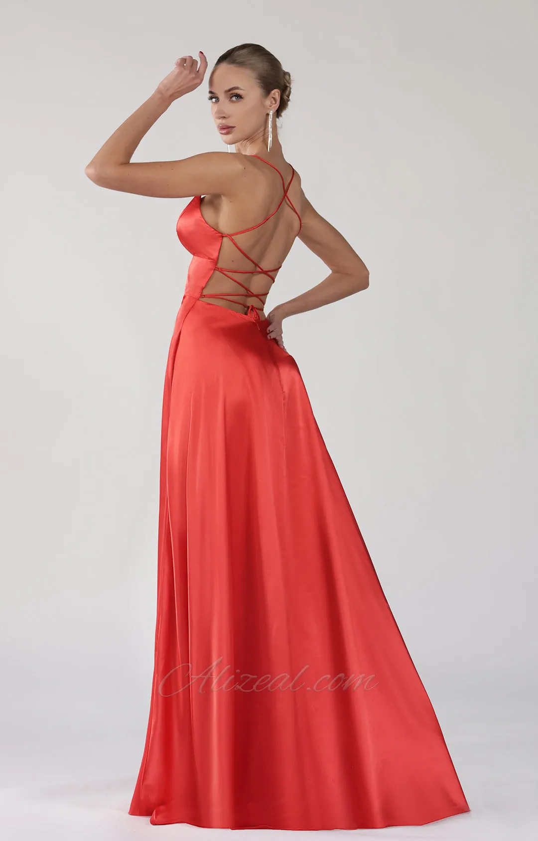 Deep V-Neck A-Line Backless Lace-Up Satin Maxi Dress