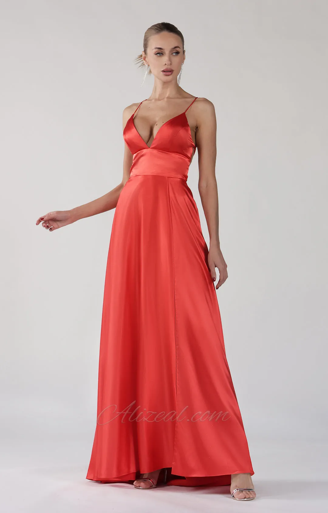Deep V-Neck A-Line Backless Lace-Up Satin Maxi Dress