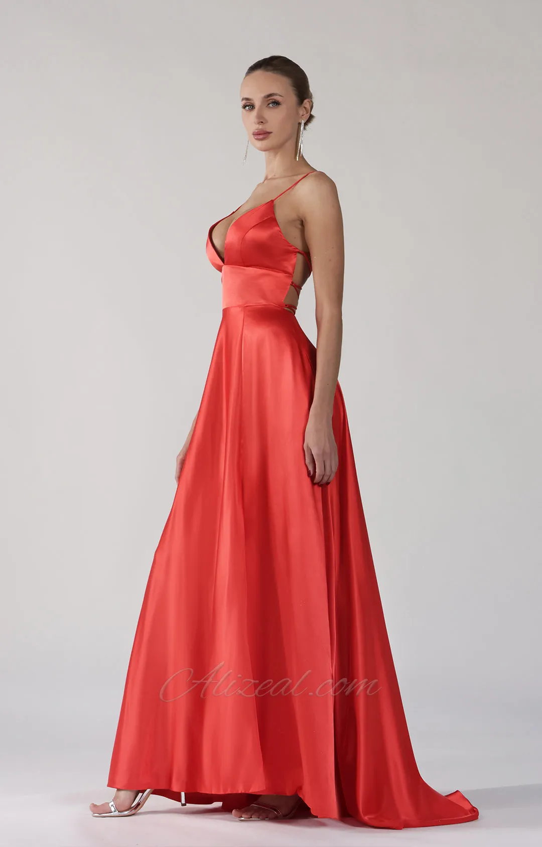 Deep V-Neck A-Line Backless Lace-Up Satin Maxi Dress