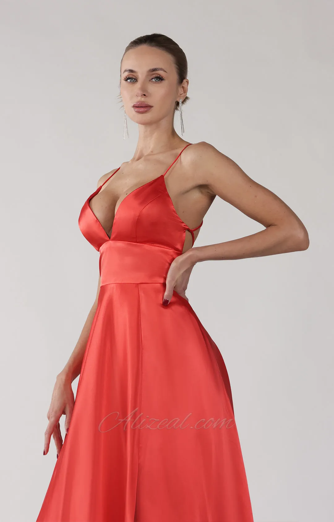 Deep V-Neck A-Line Backless Lace-Up Satin Maxi Dress