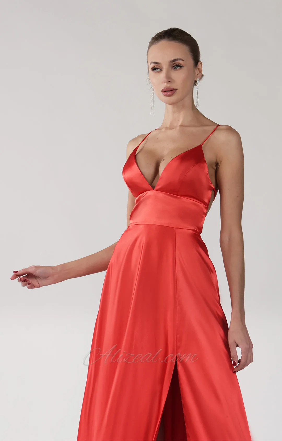 Deep V-Neck A-Line Backless Lace-Up Satin Maxi Dress