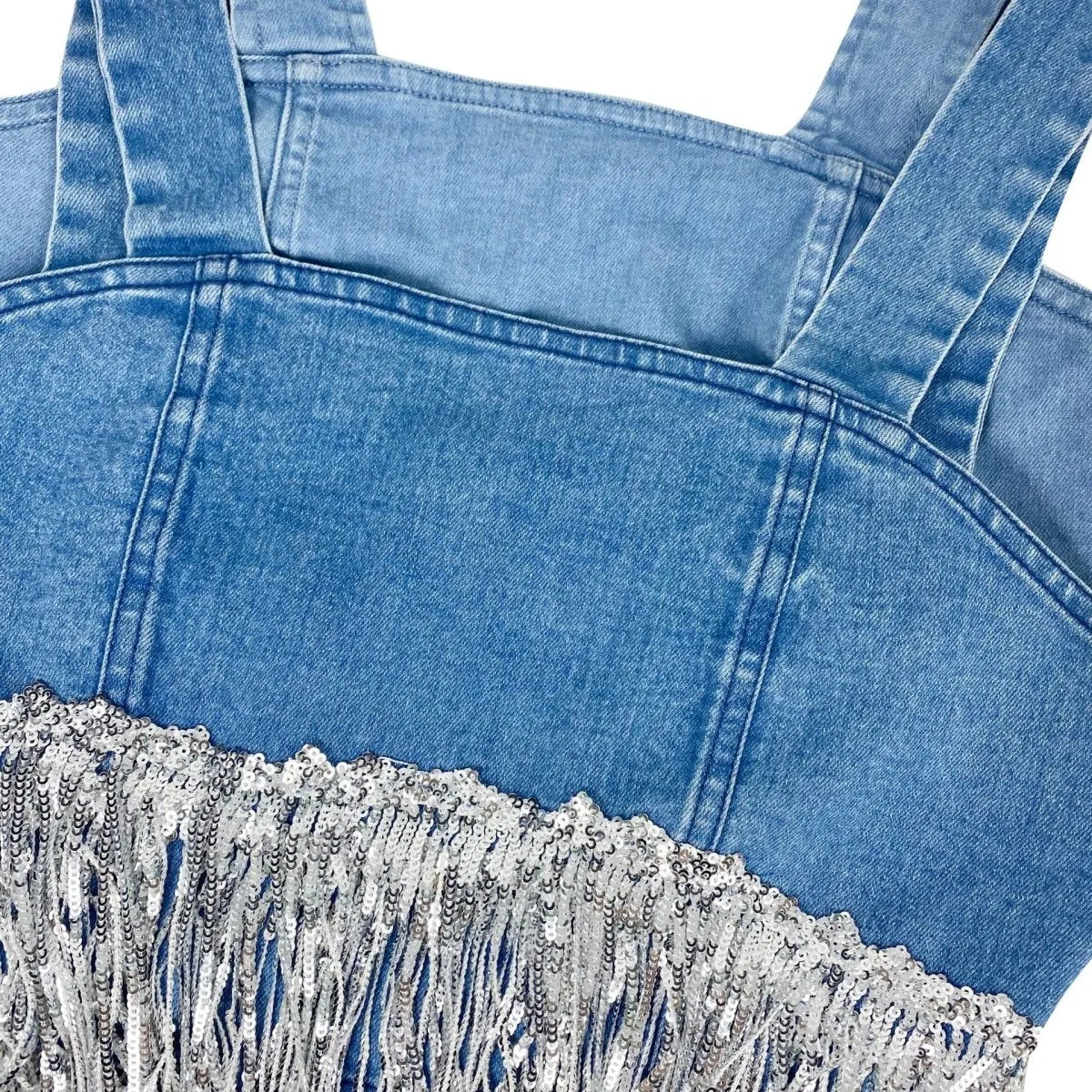 Denim Fringed Sequin Corset Top