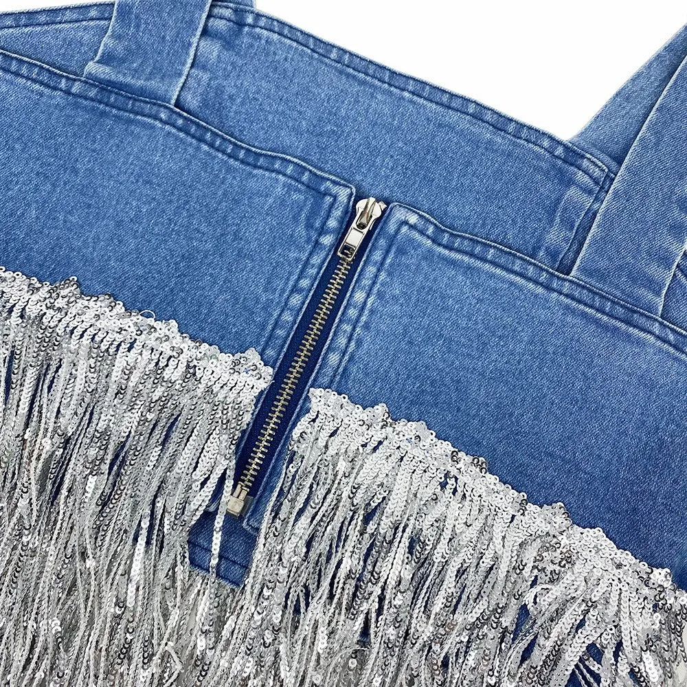 Denim Fringed Sequin Corset Top