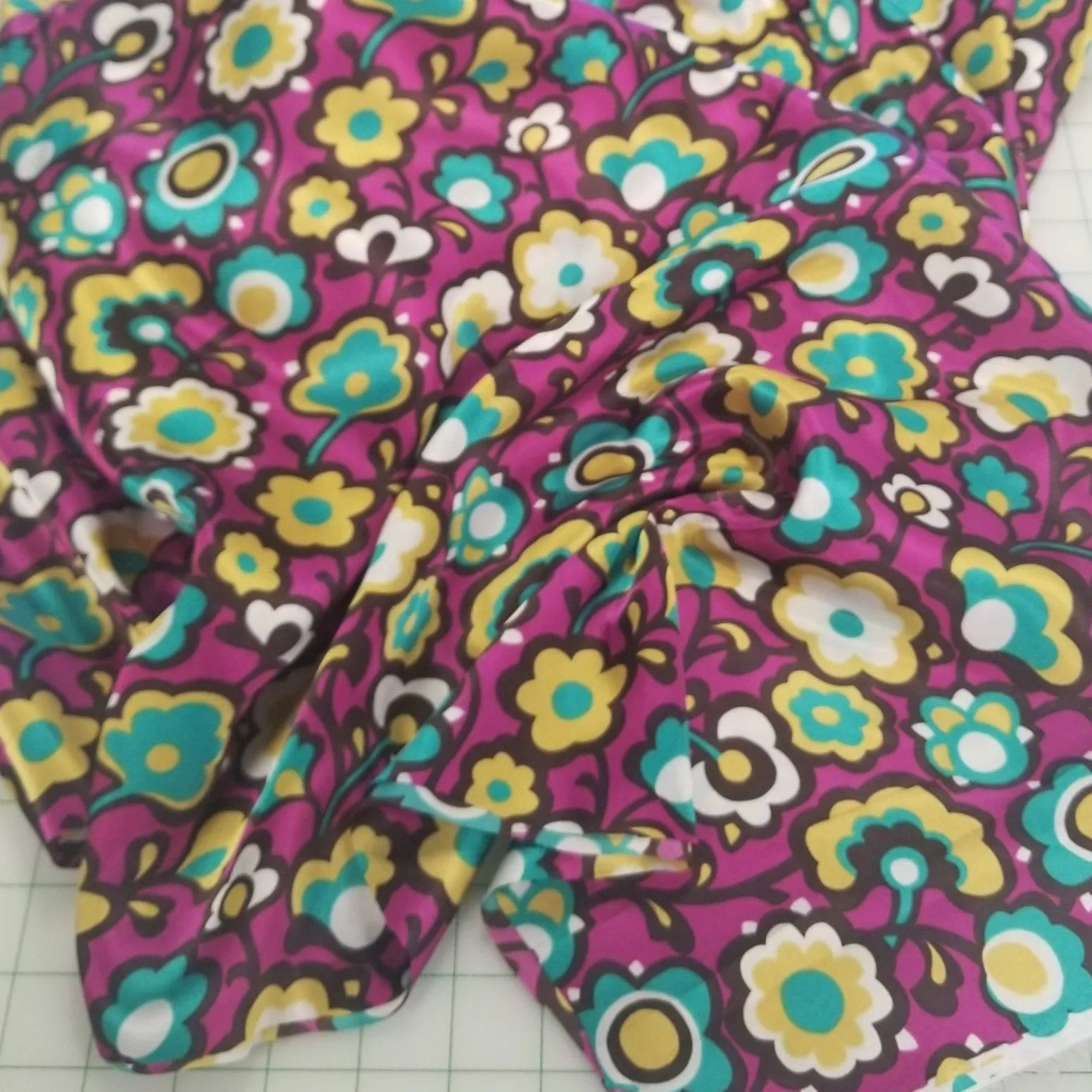 End of Bolt: 2.5 yards of Magenta Retro Florals Satin Charmeuse Woven- Remnant