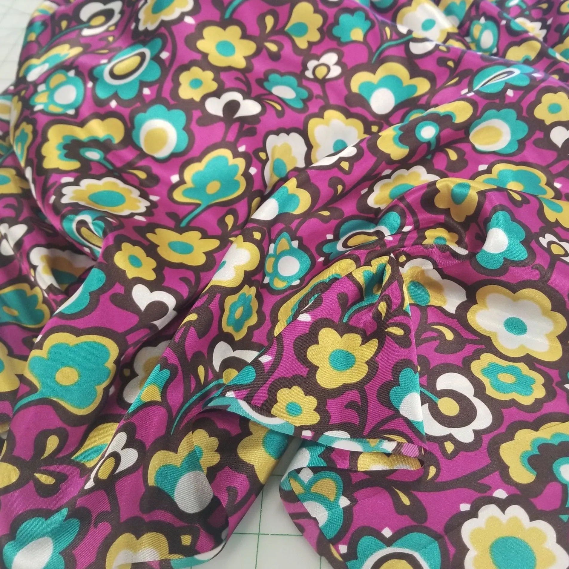 End of Bolt: 2.5 yards of Magenta Retro Florals Satin Charmeuse Woven- Remnant