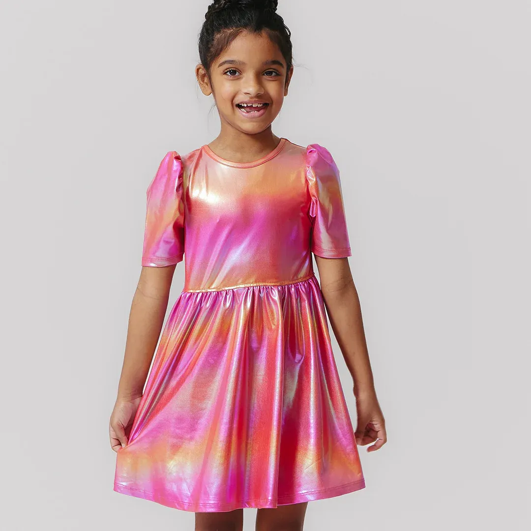 Girls Lame Laurie Dress | Rainbow Pink Lame