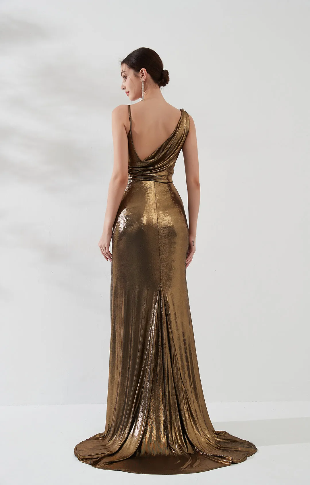 Glossy Asymmetrical Shoulder Front Split Evening Dress