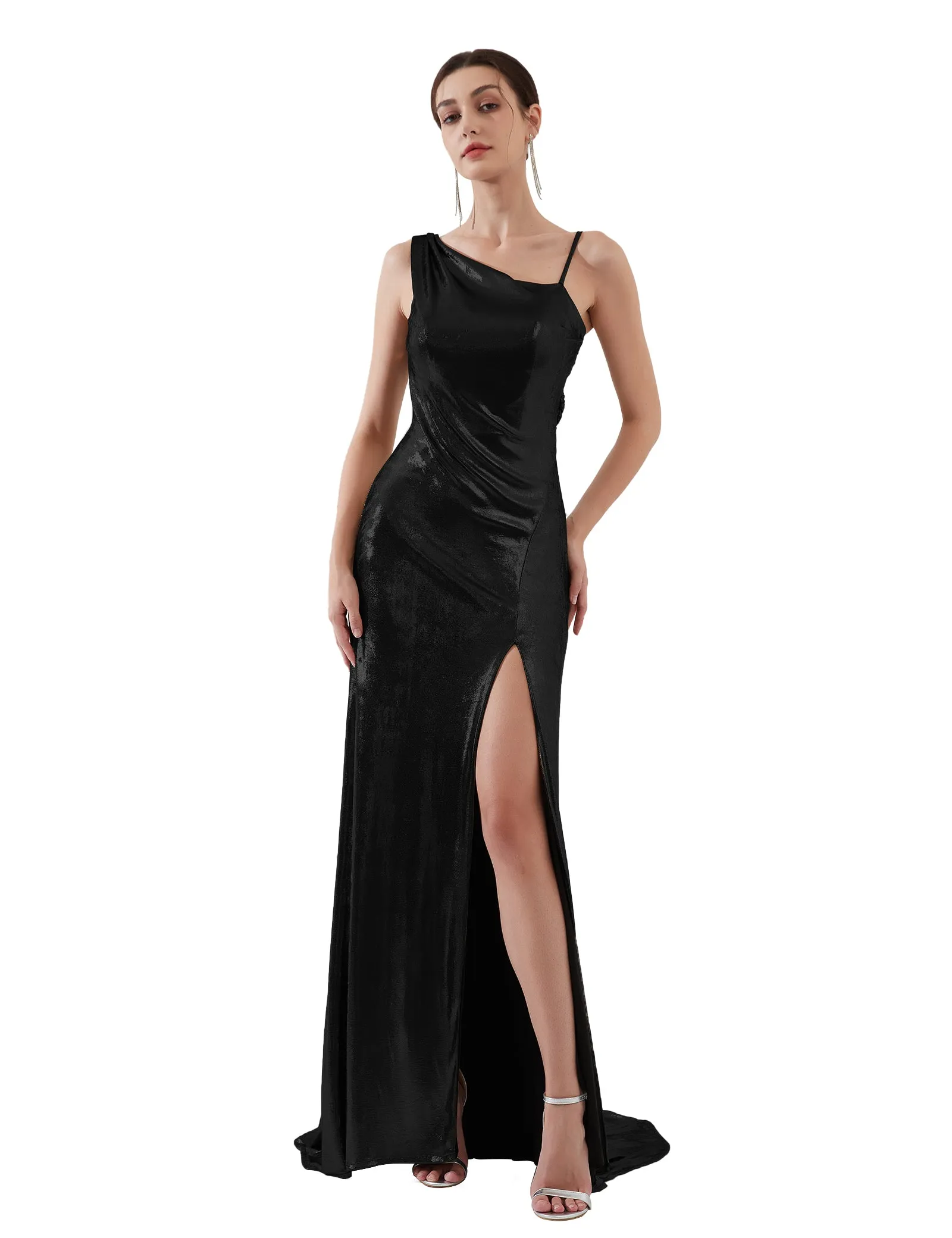 Glossy Asymmetrical Shoulder Front Split Evening Dress