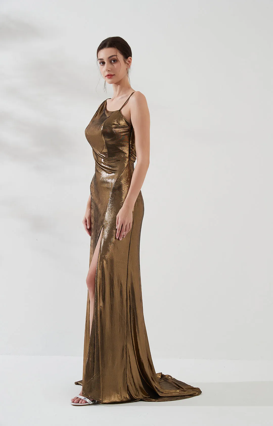 Glossy Asymmetrical Shoulder Front Split Evening Dress
