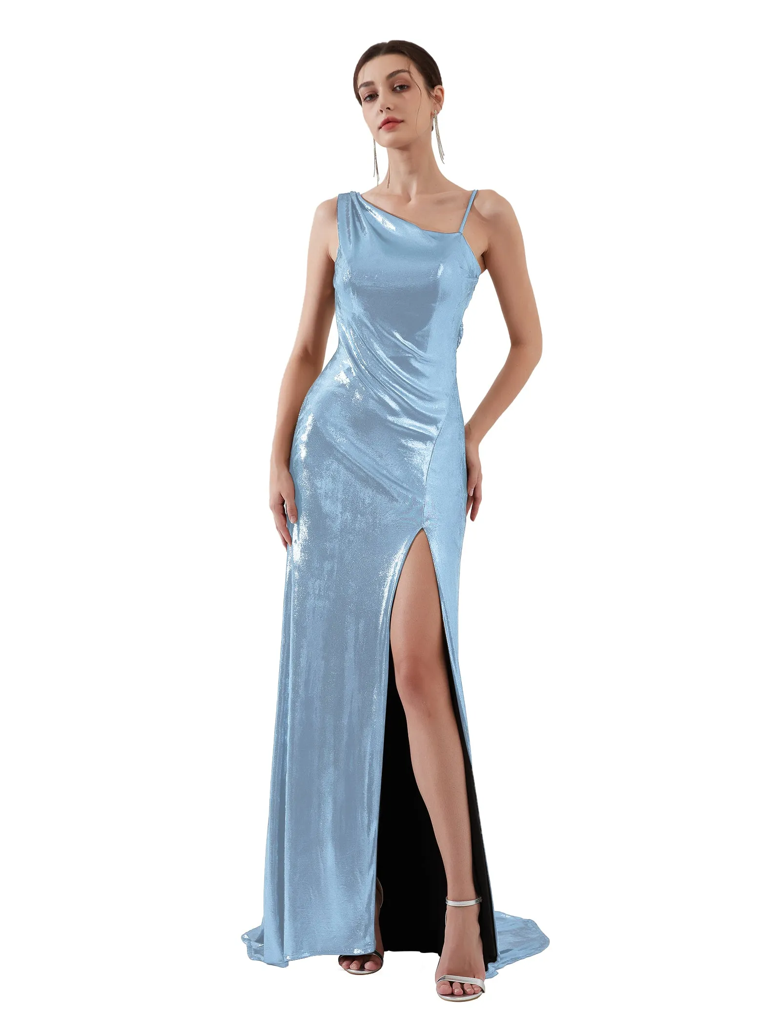 Glossy Asymmetrical Shoulder Front Split Evening Dress