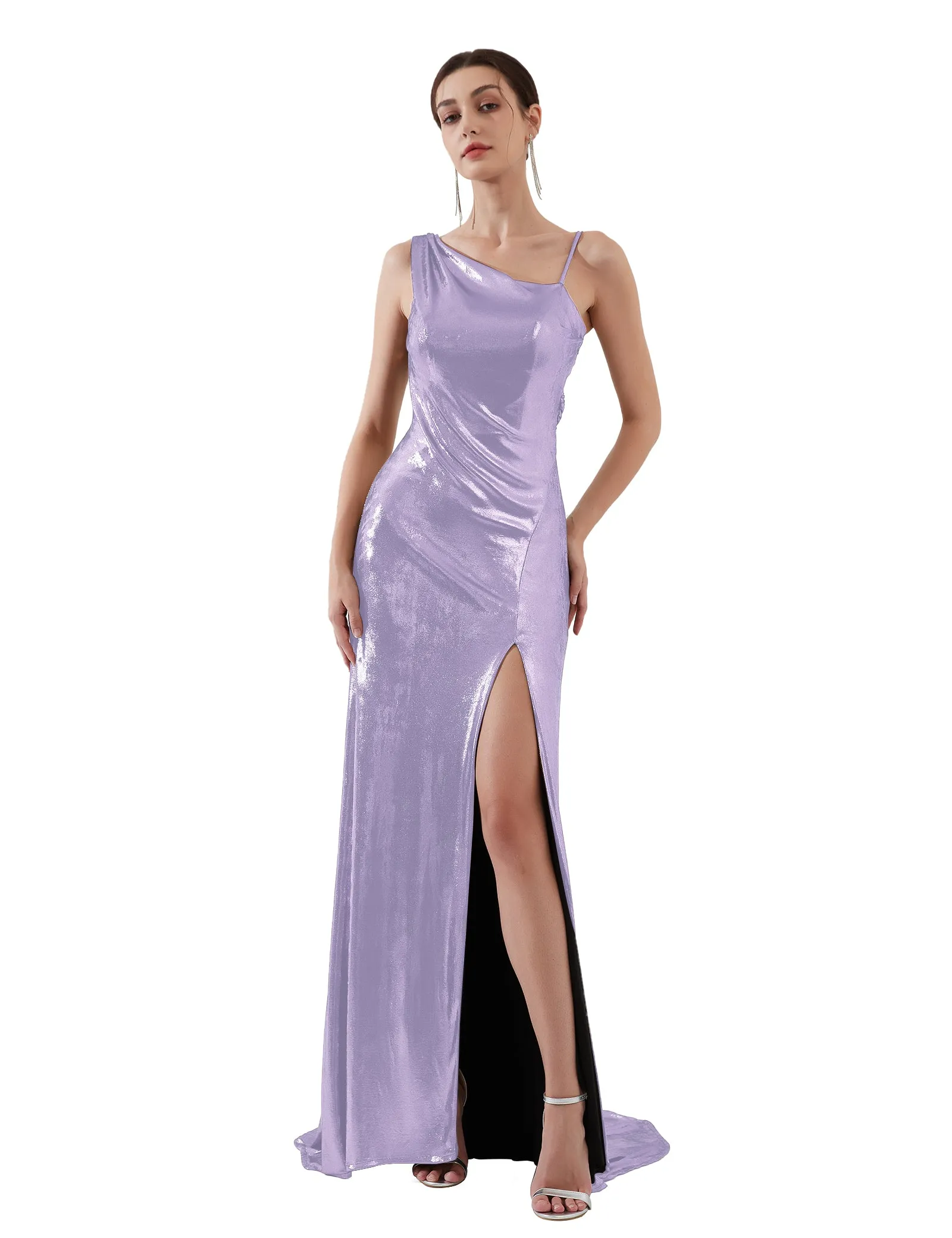 Glossy Asymmetrical Shoulder Front Split Evening Dress
