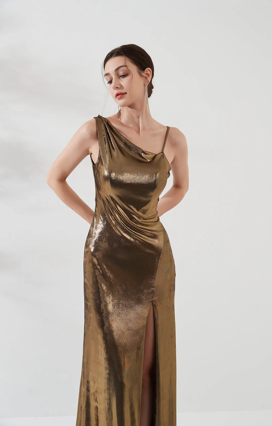 Glossy Asymmetrical Shoulder Front Split Evening Dress