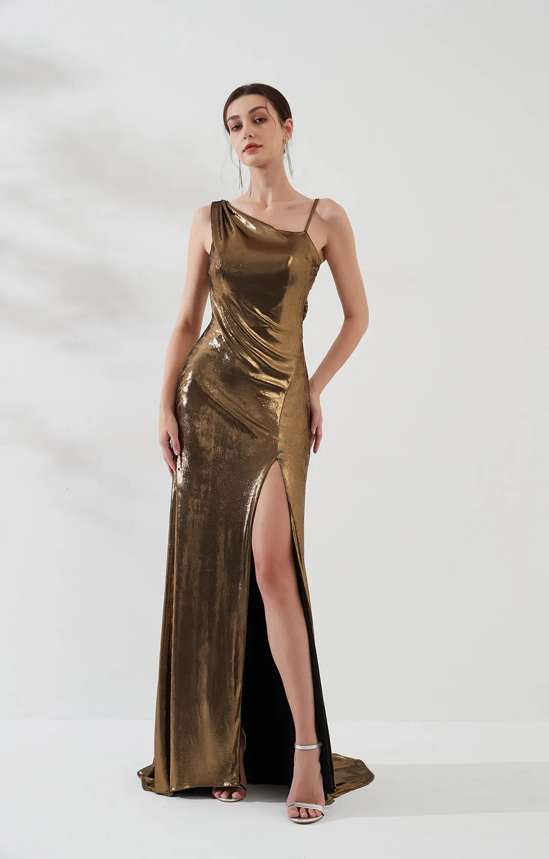 Glossy Asymmetrical Shoulder Front Split Evening Dress