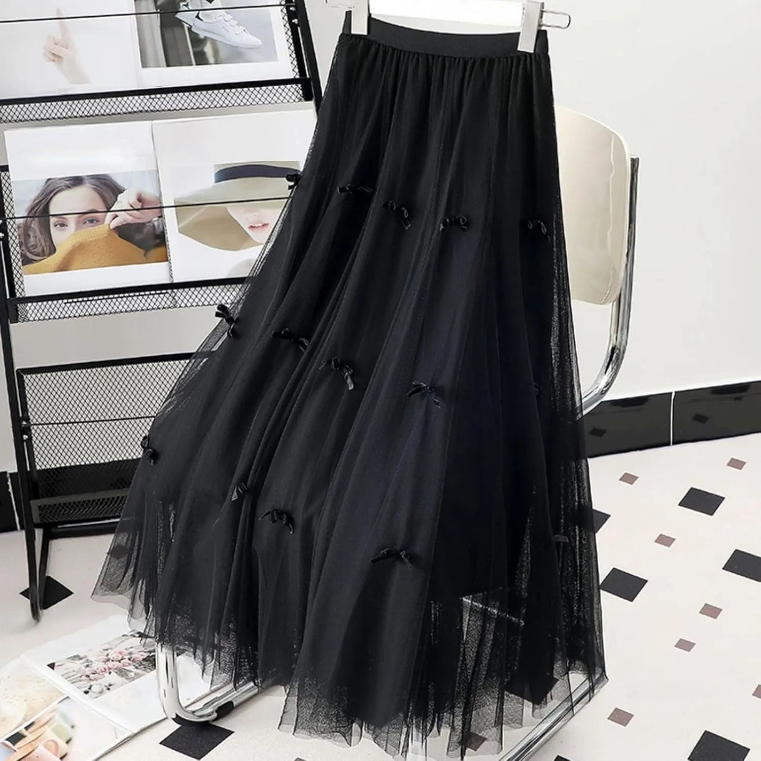 High Waist Tulle Midi Skirt for Women Lace up Bow Wedding Party Prom Cocktail Mesh Flowy A-Line Long Tutu Skirts