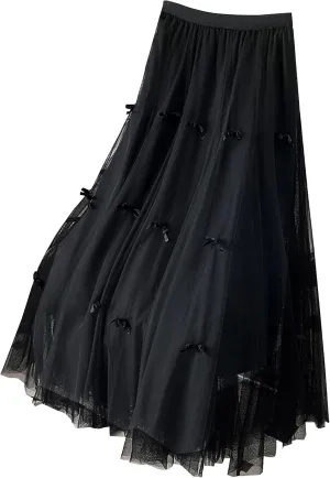High Waist Tulle Midi Skirt for Women Lace up Bow Wedding Party Prom Cocktail Mesh Flowy A-Line Long Tutu Skirts