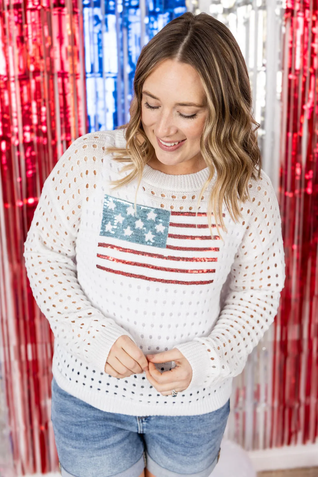 IN STOCK USA Sequin Flag Open Knit Pullover
