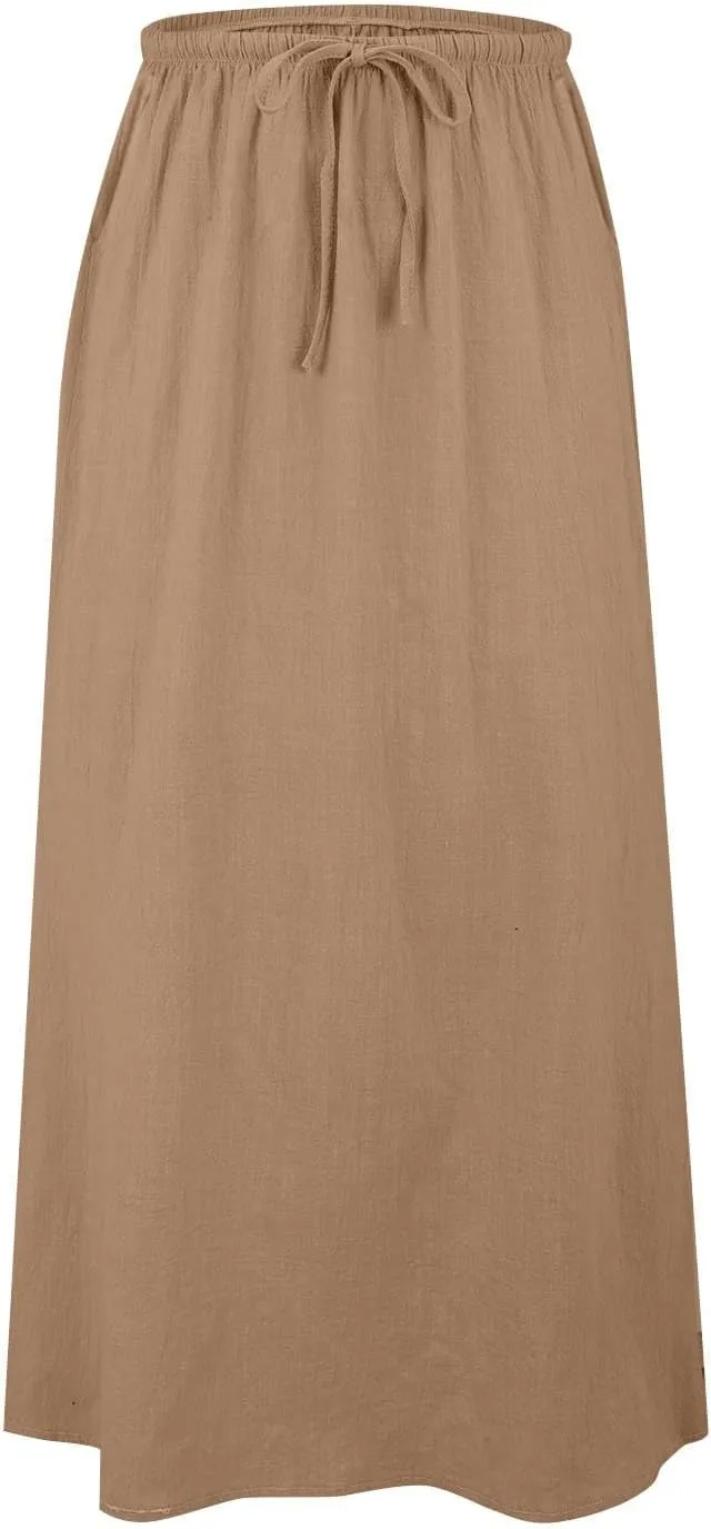 Linen Maxi Skirts for Women Trendy Casual Summer Drawstring Long A Line Skirt Comfy Flowy Boho Beach Vacation Skirt