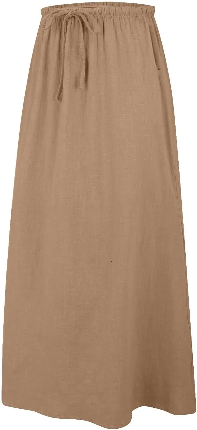 Linen Maxi Skirts for Women Trendy Casual Summer Drawstring Long A Line Skirt Comfy Flowy Boho Beach Vacation Skirt