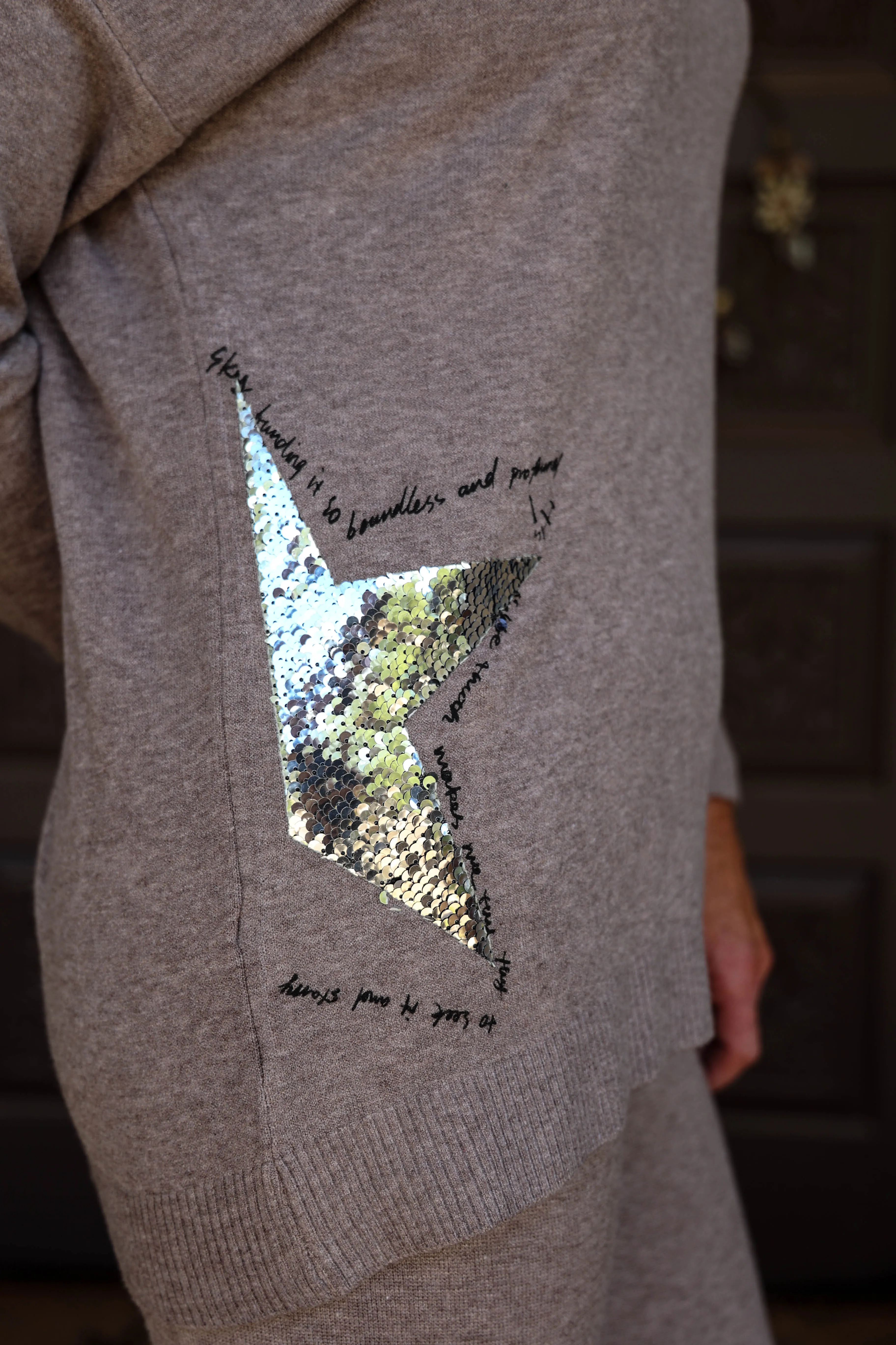 Look Mode Taupe Sweater With Silver Sequin Stars