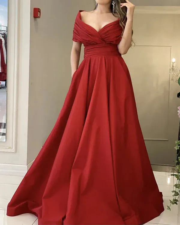 Luolandi Long Satin Off The Shoulder Dresses A-Line Princess Prom Dresses Sexy Evening Dress