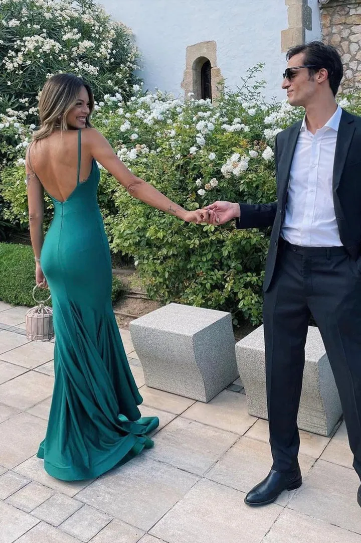Luolandi Mermaid Satin Long Prom Dresses Backless Party Dresses V-neck Sexy