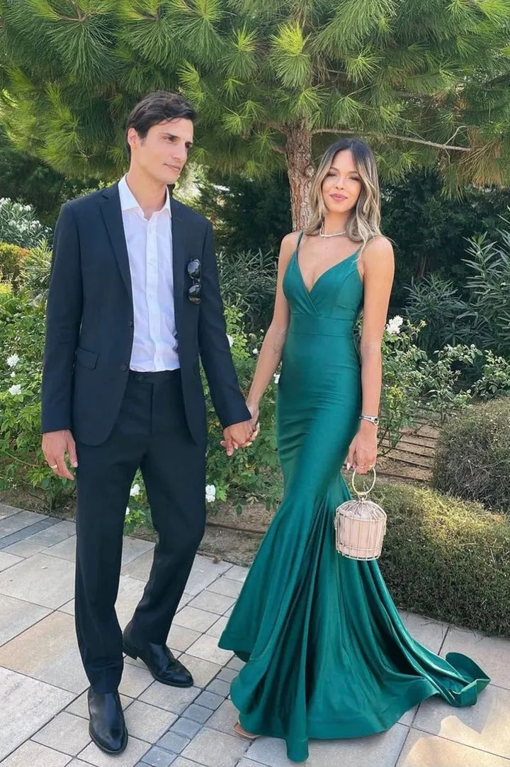 Luolandi Mermaid Satin Long Prom Dresses Backless Party Dresses V-neck Sexy