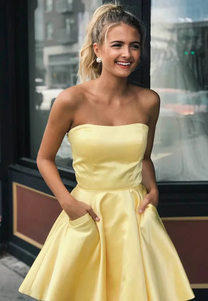 Luolandi Satin Short Prom Dresses A-Line Homecoming Dresses Off Shoulder Party Dress with Pockets