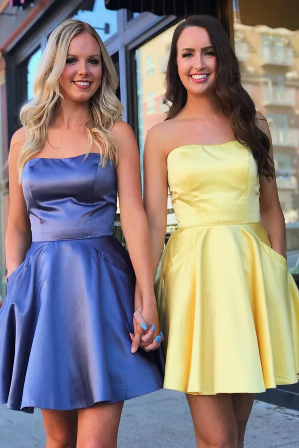 Luolandi Satin Short Prom Dresses A-Line Homecoming Dresses Off Shoulder Party Dress with Pockets