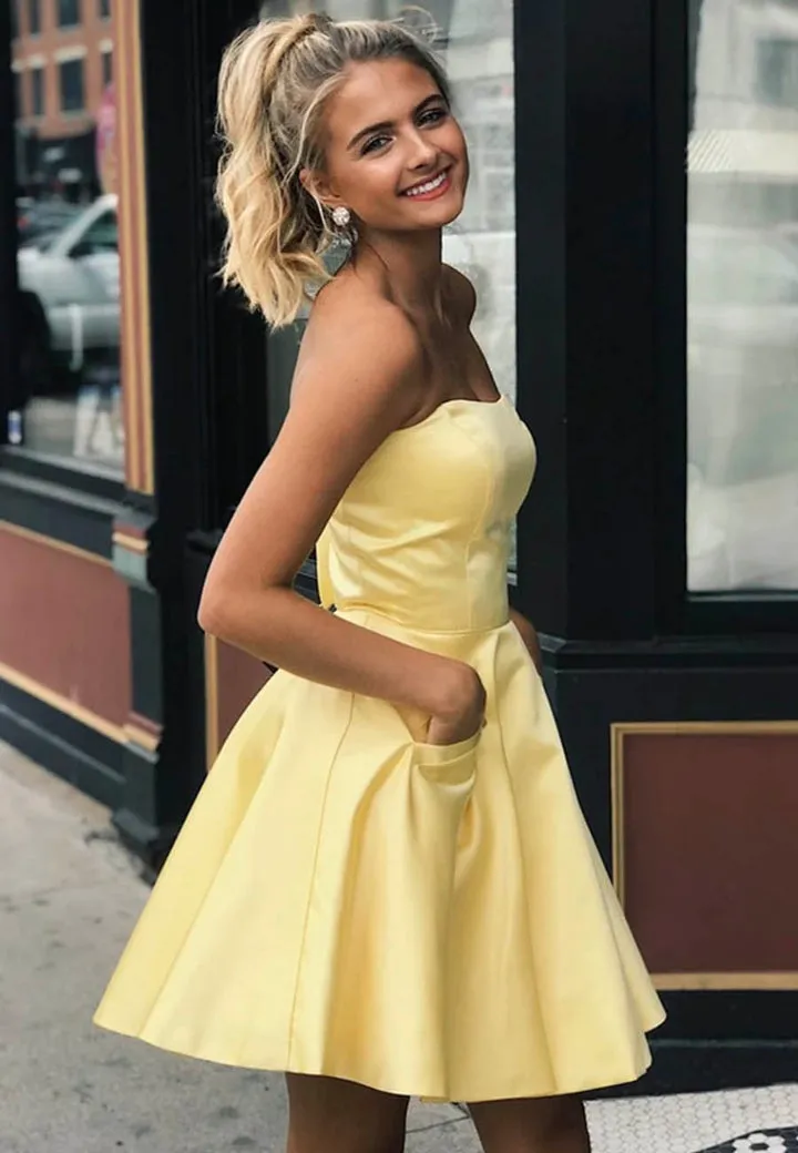 Luolandi Satin Short Prom Dresses A-Line Homecoming Dresses Off Shoulder Party Dress with Pockets
