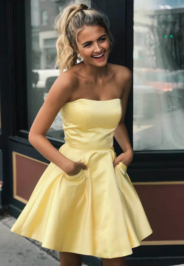 Luolandi Satin Short Prom Dresses A-Line Homecoming Dresses Off Shoulder Party Dress with Pockets