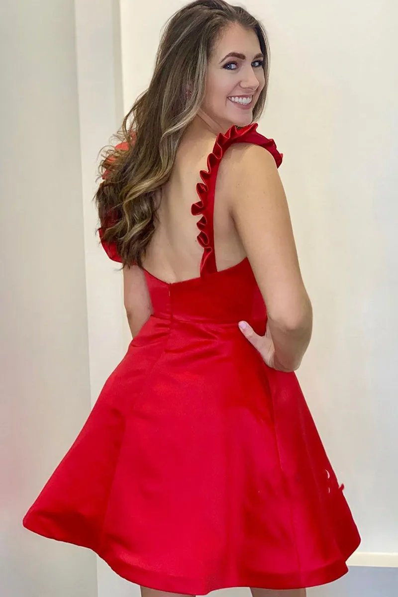 Luolandi V Neck Satin With Ruffles A Line Homecoming Dresses Red Sexy