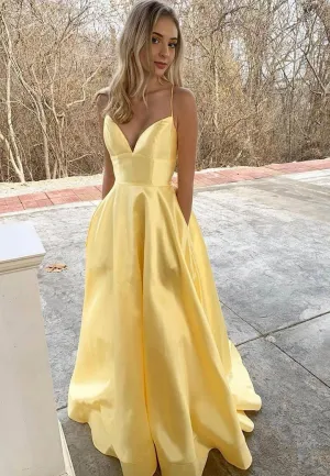 Luolandi Yellow Satin Long Prom Dresses A-Line Backless Evening Dresses Sexy