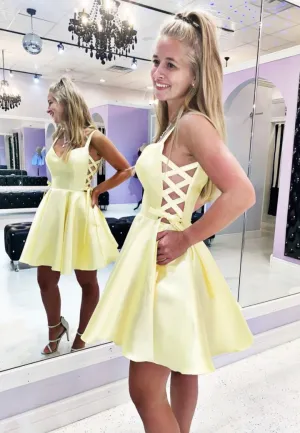 Luolandi Yellow Satin Short Prom Dresses Cute A-Line Party Dresses Sexy