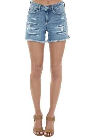 Medium wash denim shorts w/patches