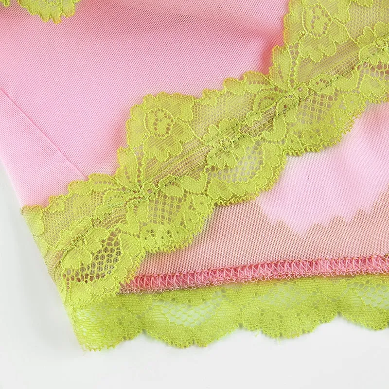 Patchwork Lace Cute Kawaii V Neck Sexy Party Sleeveless