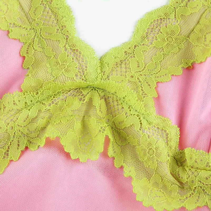 Patchwork Lace Cute Kawaii V Neck Sexy Party Sleeveless
