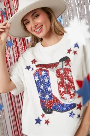 Peach Love Country Patriotic Sparkle Red, White And Blue Sequin Boots With Stars Embroidery Tee