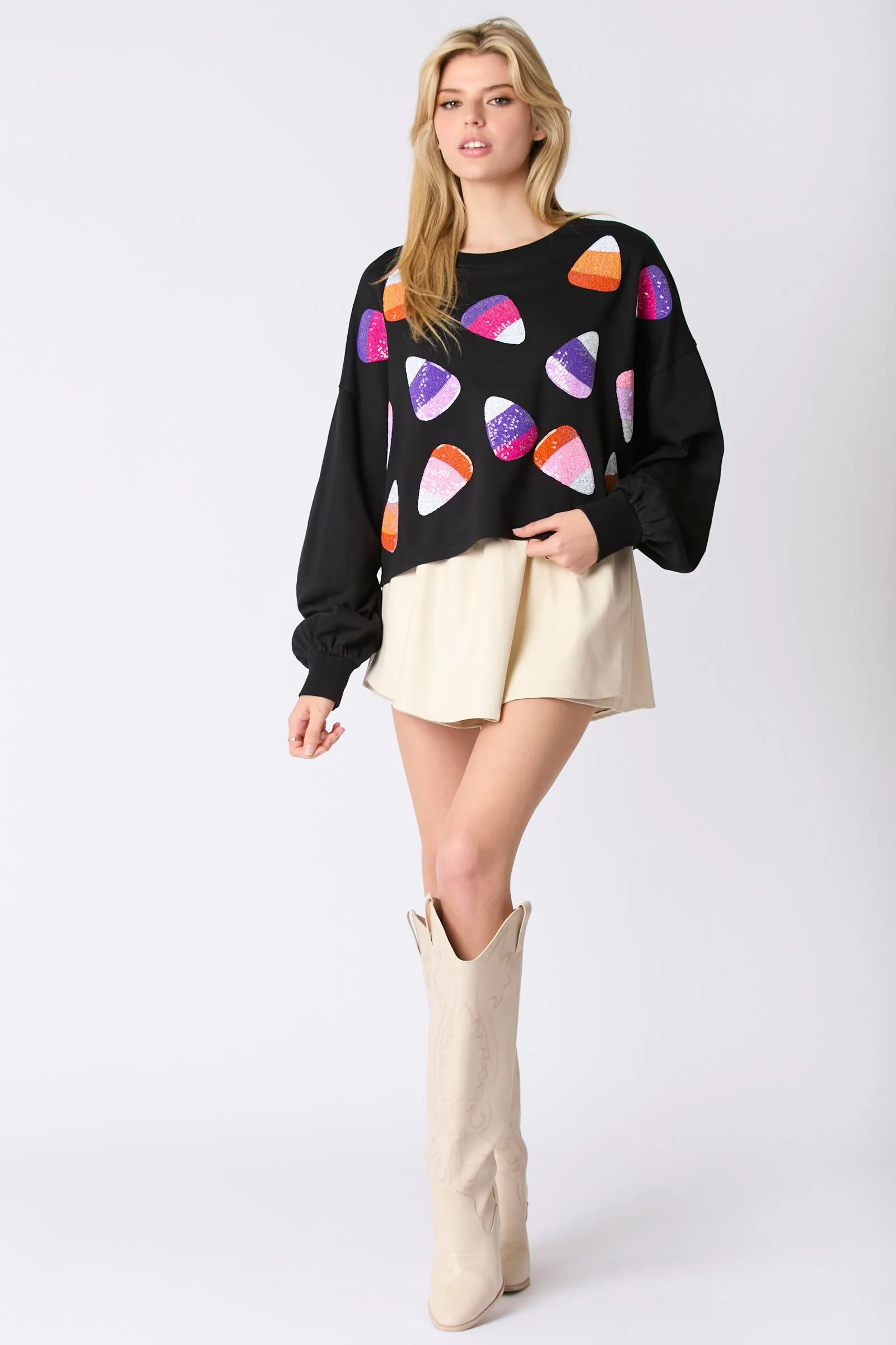 Peach Love Halloween Sequin Candy Corn Embroidery Cropped Sweatshirt In Black