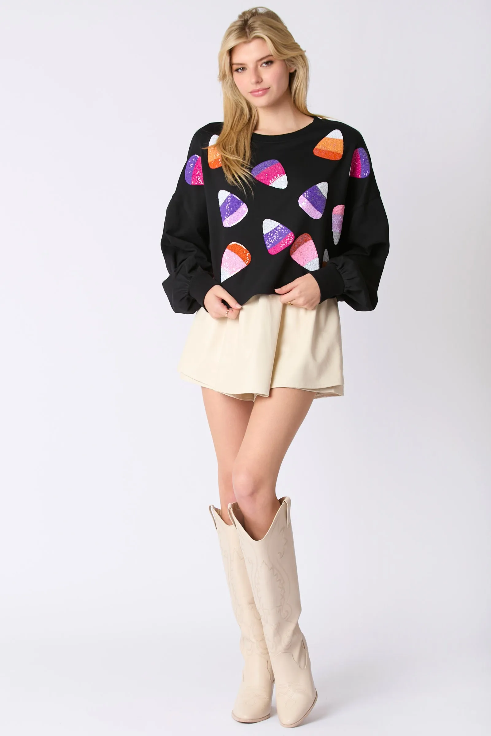 Peach Love Halloween Sequin Candy Corn Embroidery Cropped Sweatshirt In Black