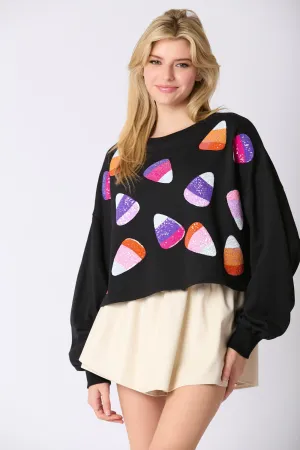 Peach Love Halloween Sequin Candy Corn Embroidery Cropped Sweatshirt In Black
