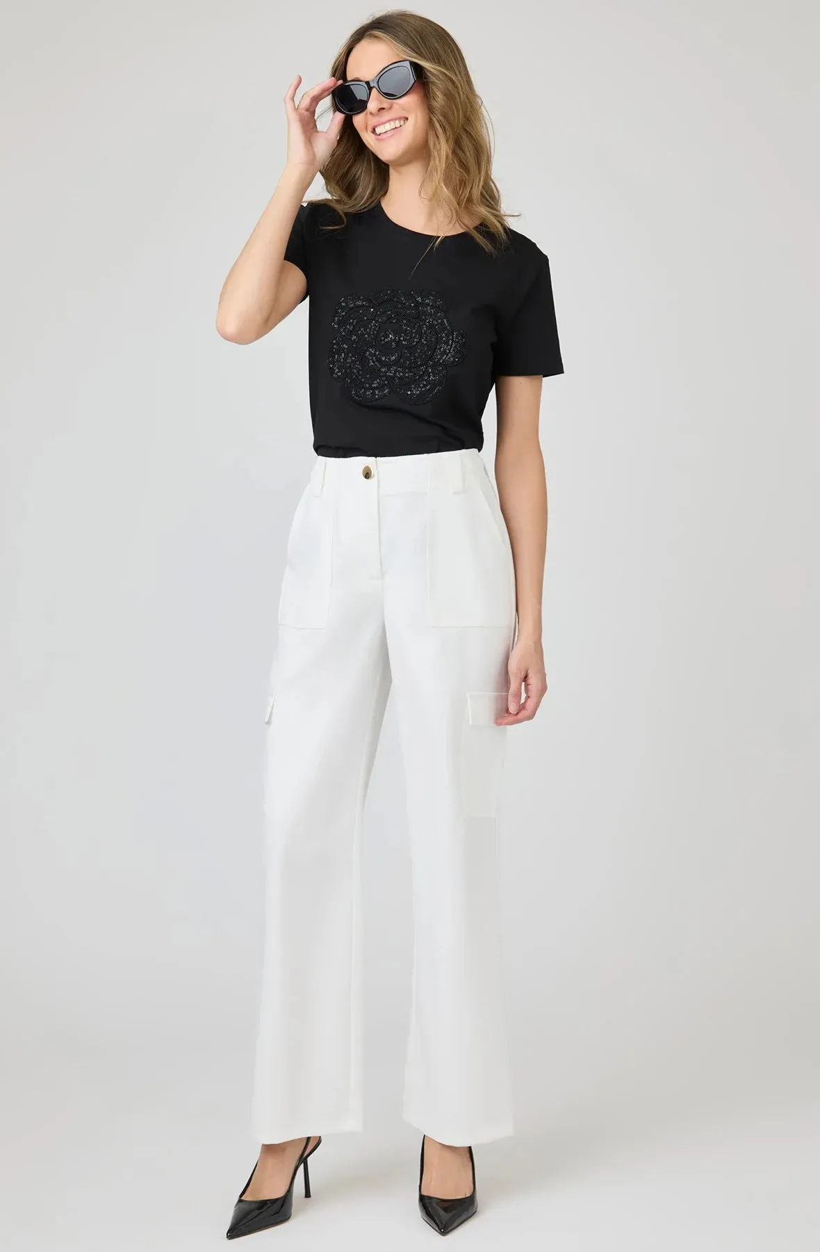 Sequin Flower Graphic-Tee Top