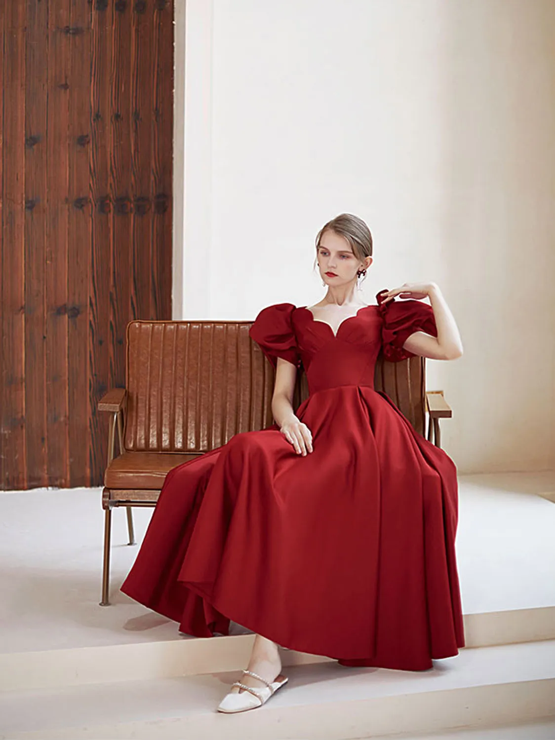 Simple V Neck Burgundy Tea Length Prom Dress Burgundy Bridesmaid Dress