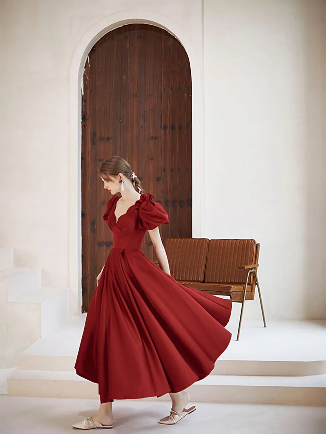 Simple V Neck Burgundy Tea Length Prom Dress Burgundy Bridesmaid Dress