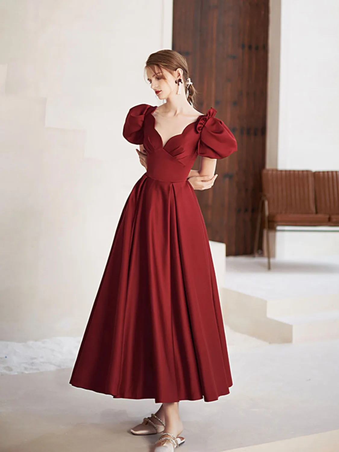 Simple V Neck Burgundy Tea Length Prom Dress Burgundy Bridesmaid Dress