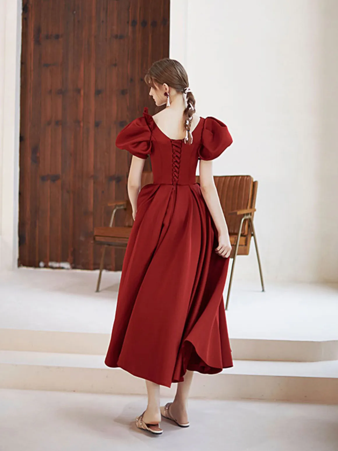 Simple V Neck Burgundy Tea Length Prom Dress Burgundy Bridesmaid Dress