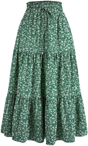 Skirts for Women Summer Boho Casual Maxi Flowy Elastic High Waist A-Line Tiered Swing Floral Elegant Long Skirt